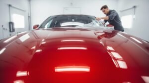 سيارة سيدان حمراء ببتلمع شخص بيركب فيلم حماية الصورة من بعيد و كل حاجة بيانه