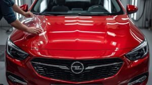 سيارة سيدان حمراء ببتلمع شخص بيركب فيلم حماية الصورة من بعيد و كل حاجة بيانه عربية opel