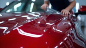 سيارة سيدان حمراء ببتلمع شخص بيركب فيلم حماية الصورة من بعيد و كل حاجة بيانه عربية تركيب فلم حماية